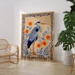 Heron Print - Folk Botanical Wall Art, Blue & Marigold