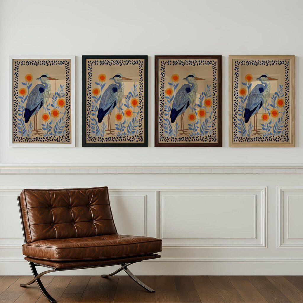 Heron Print - Folk Botanical Wall Art, Blue & Marigold