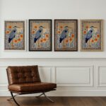 Heron Print - Folk Botanical Wall Art, Blue & Marigold