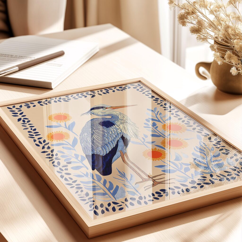 Heron Print - Folk Botanical Wall Art, Blue & Marigold