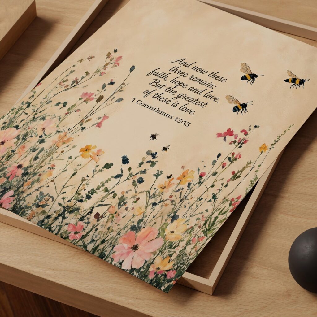 1 Corinthians 13:13 Wildflower & Bee Print, Faith Hope Love Vintage Scripture Wall Art