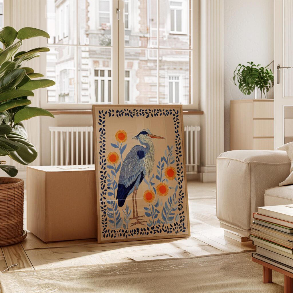 Heron Print - Folk Botanical Wall Art, Blue & Marigold