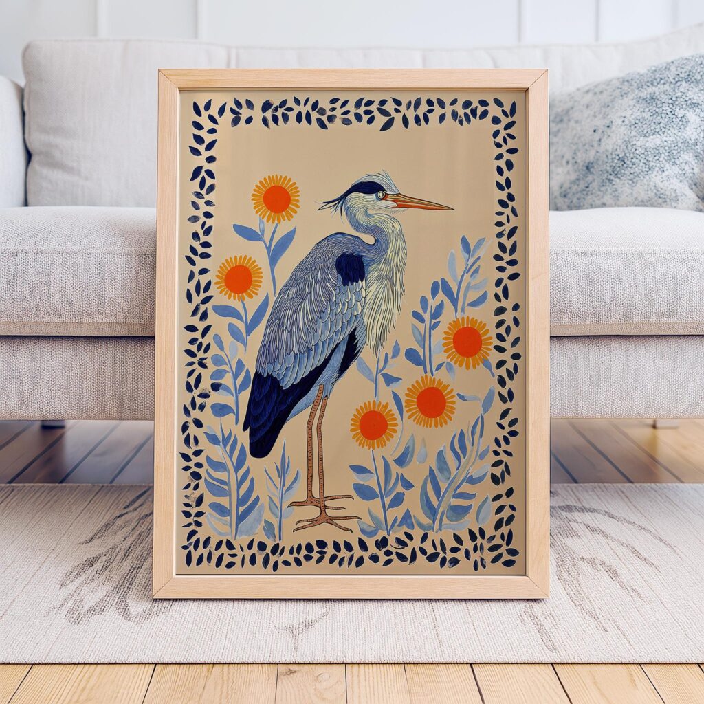 Heron Print - Folk Botanical Wall Art, Blue & Marigold