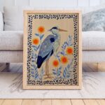Heron Print - Folk Botanical Wall Art, Blue & Marigold