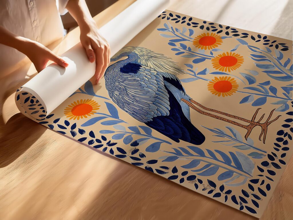 Heron Print - Folk Botanical Wall Art, Blue & Marigold