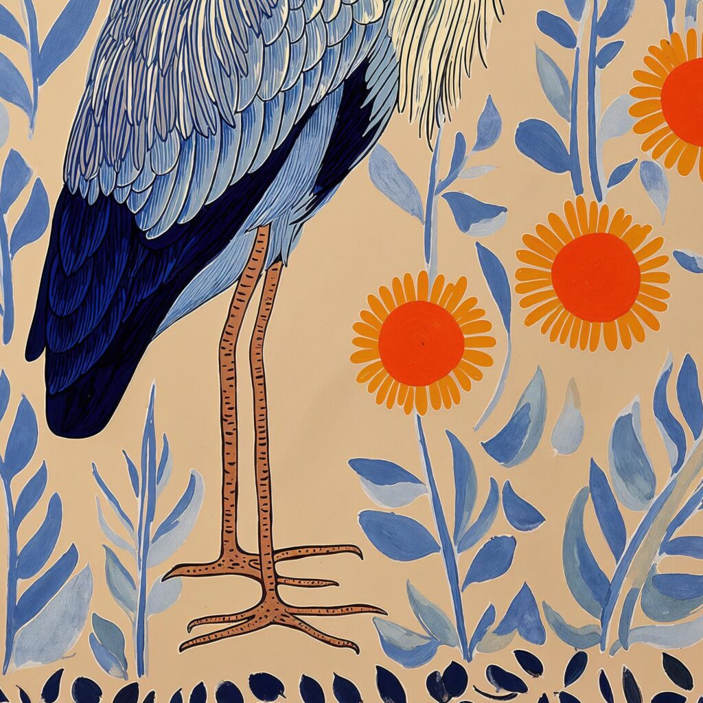 Heron Print - Folk Botanical Wall Art, Blue & Marigold