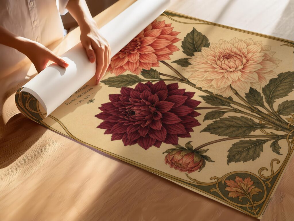 Dahlia Print: Art Nouveau Vintage Botanical Flower Wall Art Home Decor