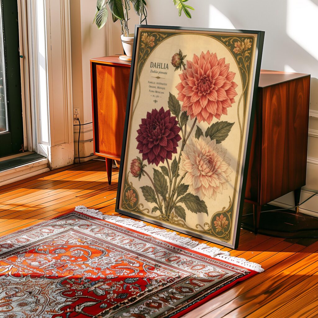 Dahlia Print: Art Nouveau Vintage Botanical Flower Wall Art Home Decor
