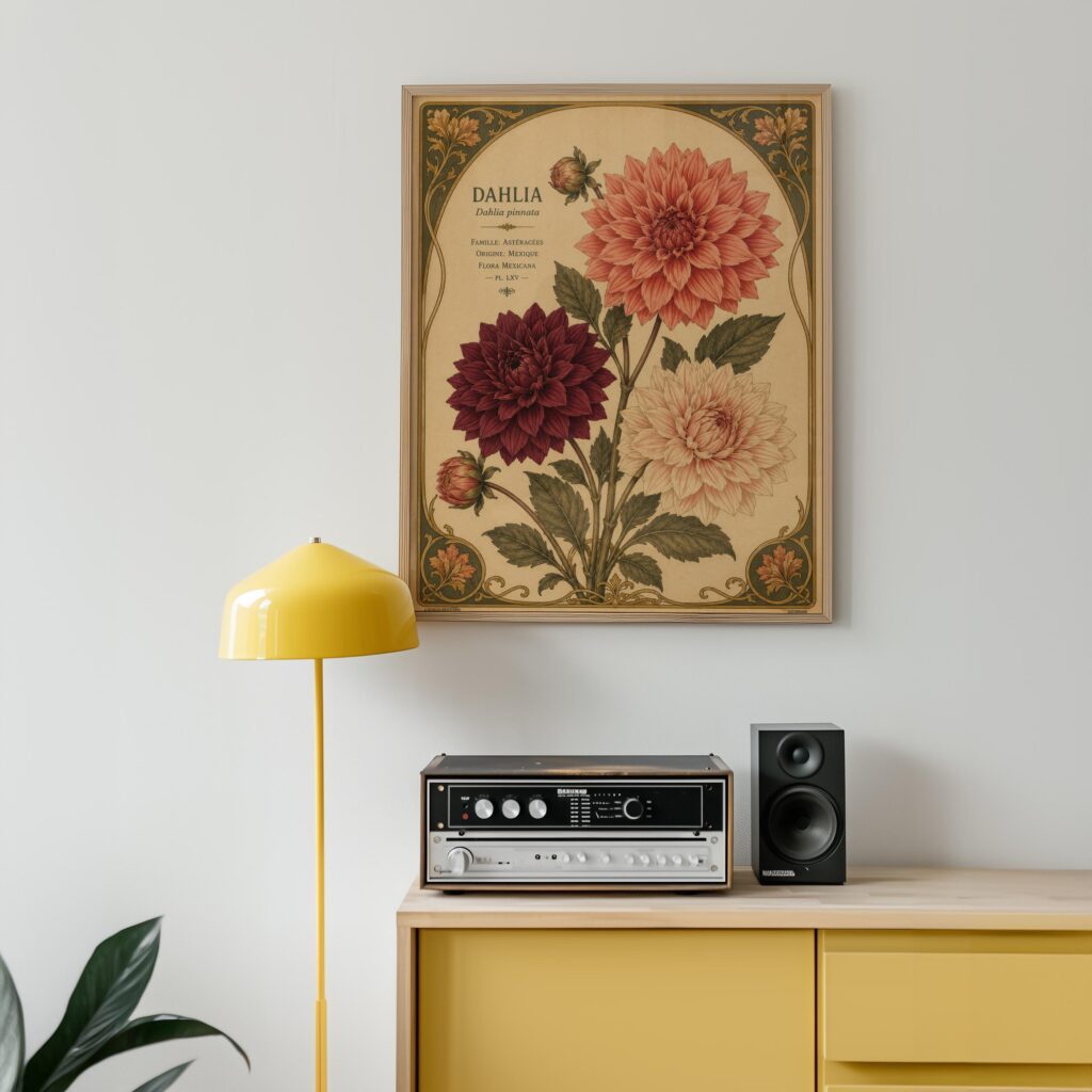 Dahlia Print: Art Nouveau Vintage Botanical Flower Wall Art Home Decor