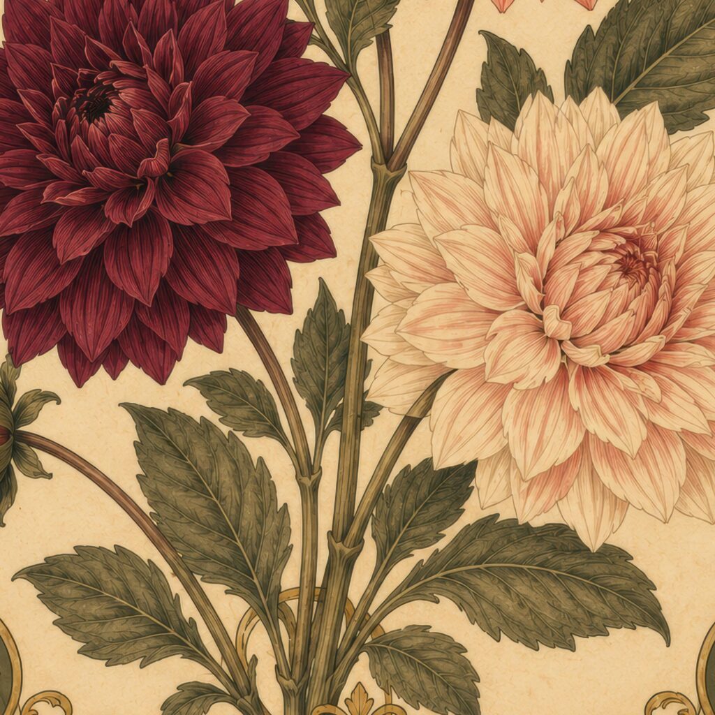 Dahlia Print: Art Nouveau Vintage Botanical Flower Wall Art Home Decor