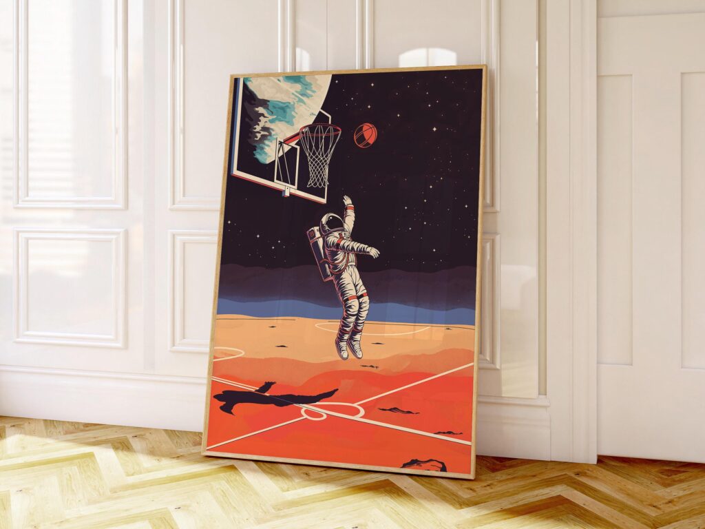 Astronaut Basketball Art Print: Retro Sci-Fi Sports Poster