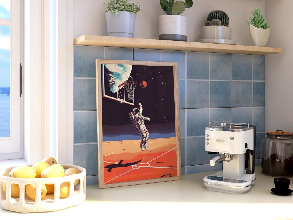 Astronaut Basketball Art Print: Retro Sci-Fi Sports Poster