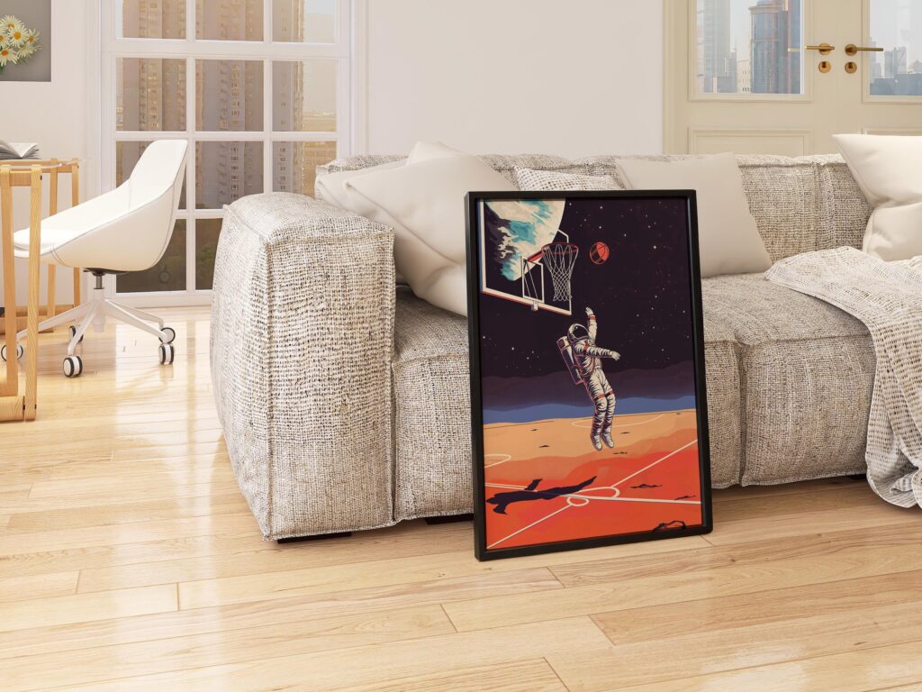 Astronaut Basketball Art Print: Retro Sci-Fi Sports Poster