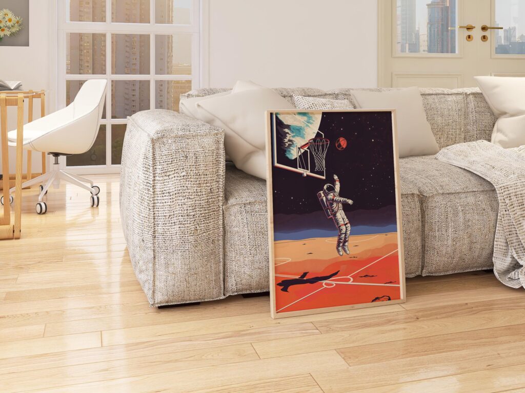 Astronaut Basketball Art Print: Retro Sci-Fi Sports Poster
