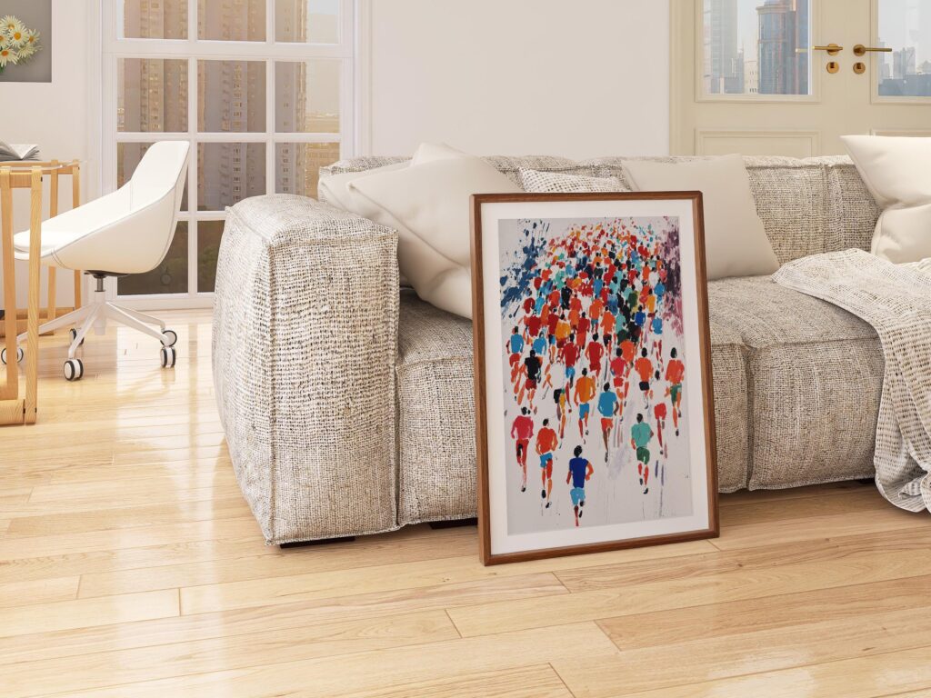 Marathon Colorful Runners Sport in a dark espresso frame in a living room