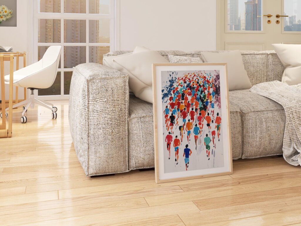 Marathon Colorful Runners Sport in a natural oak frame above a sofa in a living room