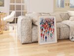 Marathon Colorful Runners Sport in a natural oak frame above a sofa in a living room