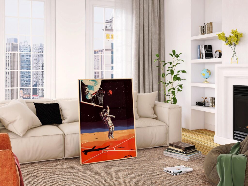 Astronaut Basketball Art Print: Retro Sci-Fi Sports Poster