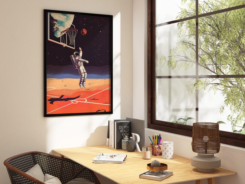 Astronaut Basketball Art Print: Retro Sci-Fi Sports Poster