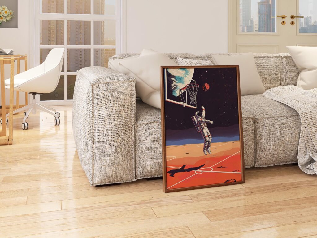 Astronaut Basketball Art Print: Retro Sci-Fi Sports Poster