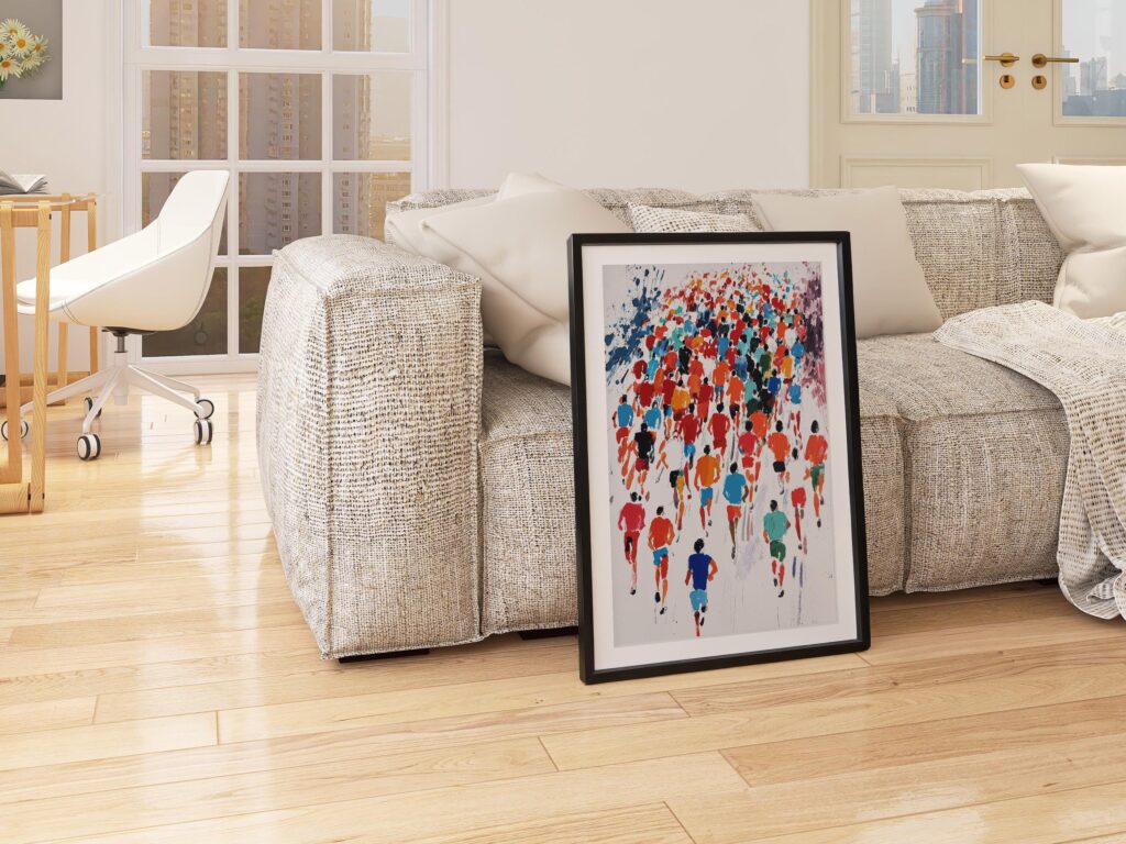 Marathon Colorful Runners Sport in a black frame above a sofa in a living room