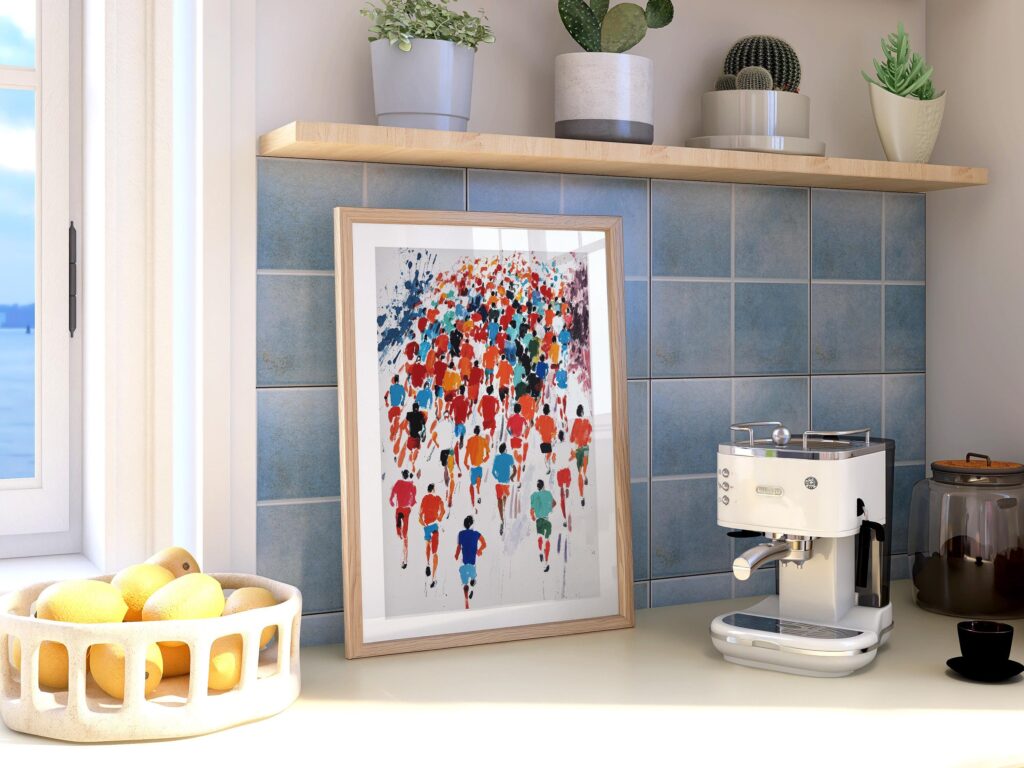 Marathon Colorful Runners Sport in a natural wood frame on a kitchen wall