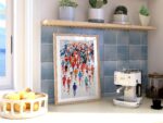 Marathon Colorful Runners Sport in a natural wood frame on a kitchen wall