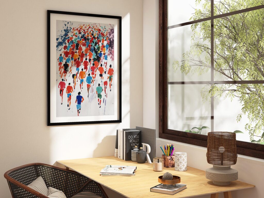 Marathon Colorful Runners Sport in a black frame above a desk in a home office