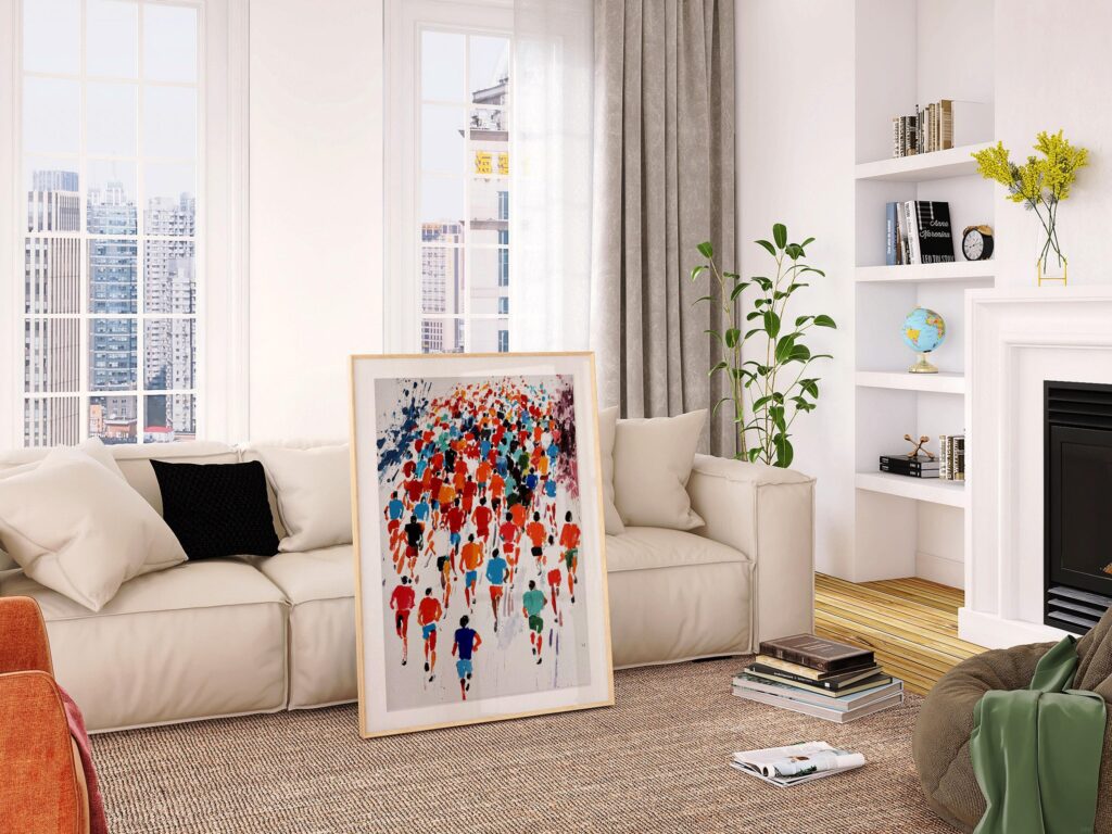Marathon Colorful Runners Sport in a light wood frame in a bright city living room