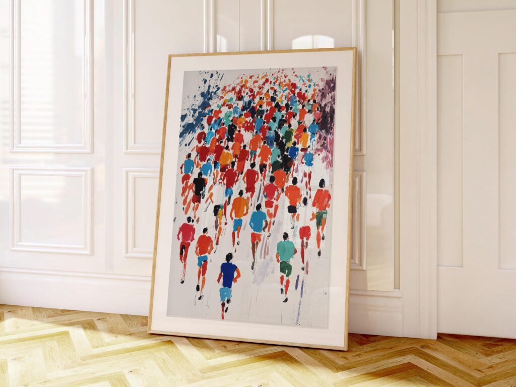 Marathon Colorful Runners Sport shown framed and leaning against a wall, mid-century modern decor