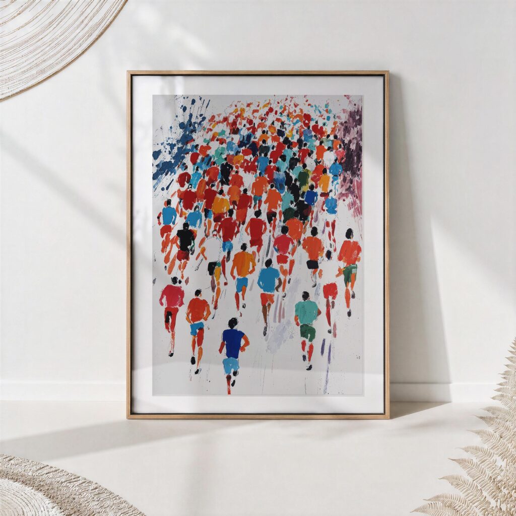 Marathon Print Colorful Runners Mid Century Sport Wall Art Crowd of marathon runners seen from behind in loose red, orange and blue brushstrokes on white