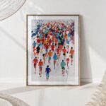 Crowd of marathon runners seen from behind in loose red, orange and blue brushstrokes on white
