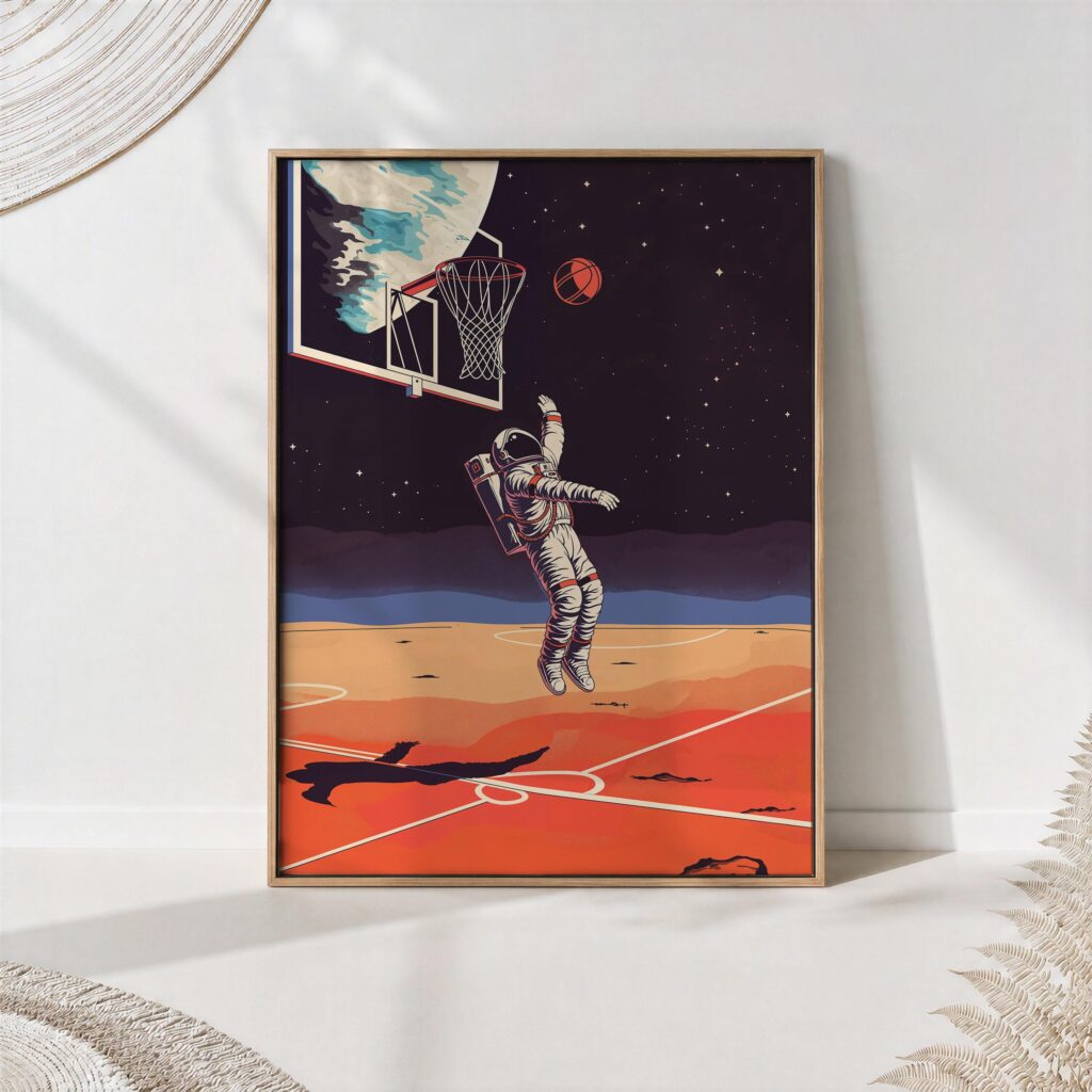 Astronaut Basketball Art Print: Retro Sci-Fi Sports Poster Astronaut leaping toward a hoop on an orange lunar court under a starry sky with Earth above