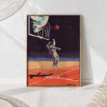 Astronaut leaping toward a hoop on an orange lunar court under a starry sky with Earth above