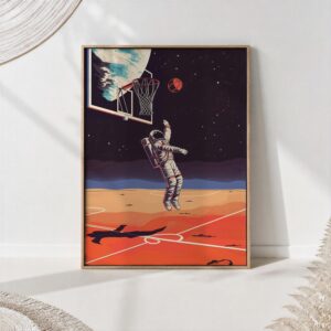Astronaut leaping toward a hoop on an orange lunar court under a starry sky with Earth above